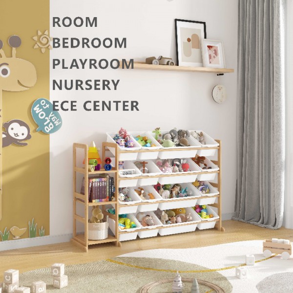 Etitlly Toy Storage with Kids Bookshelf for Room, Bedroom,Playroom, Nursery,Kindergarten,16 Storage Bins and 3 Side Shelves,Storage,White