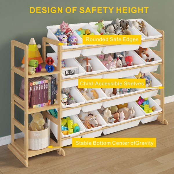 Etitlly Toy Storage with Kids Bookshelf for Room, Bedroom,Playroom, Nursery,Kindergarten,16 Storage Bins and 3 Side Shelves,Storage,White