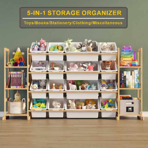 Etitlly Toy Storage Organizer with Kids Bookshelf for Room,Bedroom,Playroom,Nursery,Kindergarten,16 Storage Bins and 6 Side Shelves,Storage,White