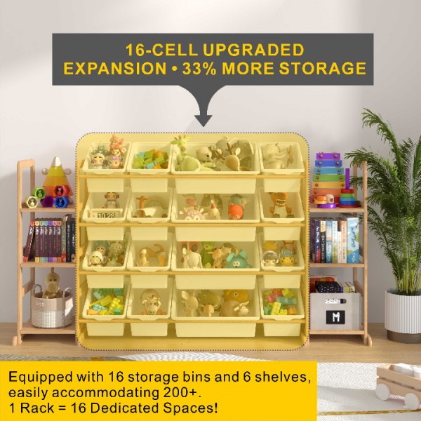 Etitlly Toy Storage Organizer with Kids Bookshelf for Room,Bedroom,Playroom,Nursery,Kindergarten,16 Storage Bins and 6 Side Shelves,Storage,White