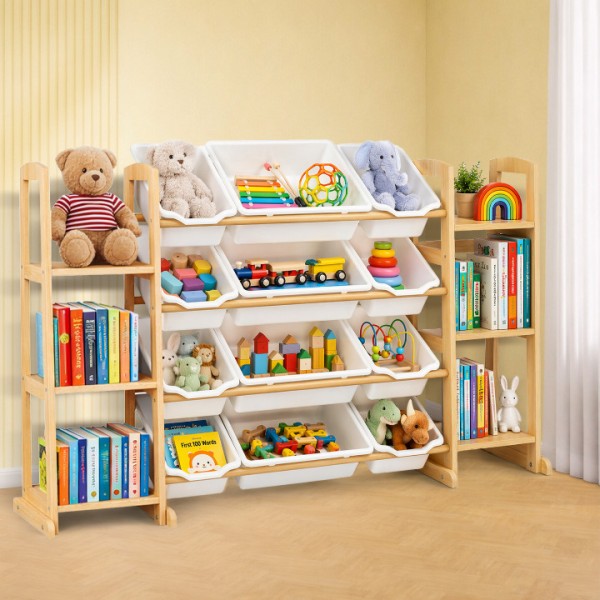 Toy Storage Organizer with Bookshelf – Wooden Toy Organizer with 12 Toy Bins & 6 Tier Bookcase,Quick Assembly Kids Bookshelf,Toy Bin for Playroom, Bedroom, Nursery– White