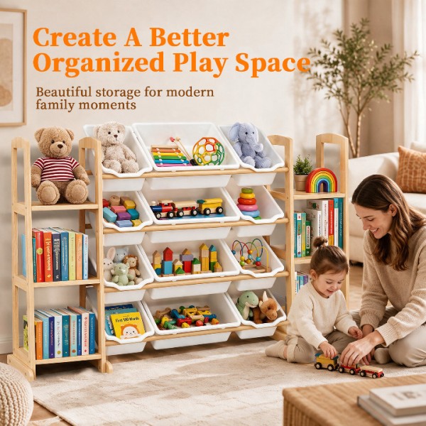 Toy Storage Organizer with Bookshelf – Wooden Toy Organizer with 12 Toy Bins & 6 Tier Bookcase,Quick Assembly Kids Bookshelf,Toy Bin for Playroom, Bedroom, Nursery– White