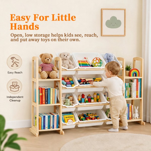 Toy Storage Organizer with Bookshelf – Wooden Toy Organizer with 12 Toy Bins & 6 Tier Bookcase,Quick Assembly Kids Bookshelf,Toy Bin for Playroom, Bedroom, Nursery– White